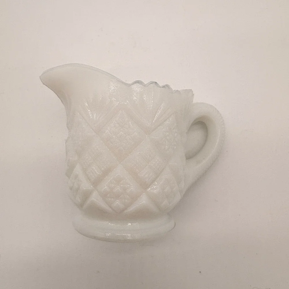 Vintage Milk Glass Creamer Sugar Bowl Set Diamond Point Starburst Farmhouse